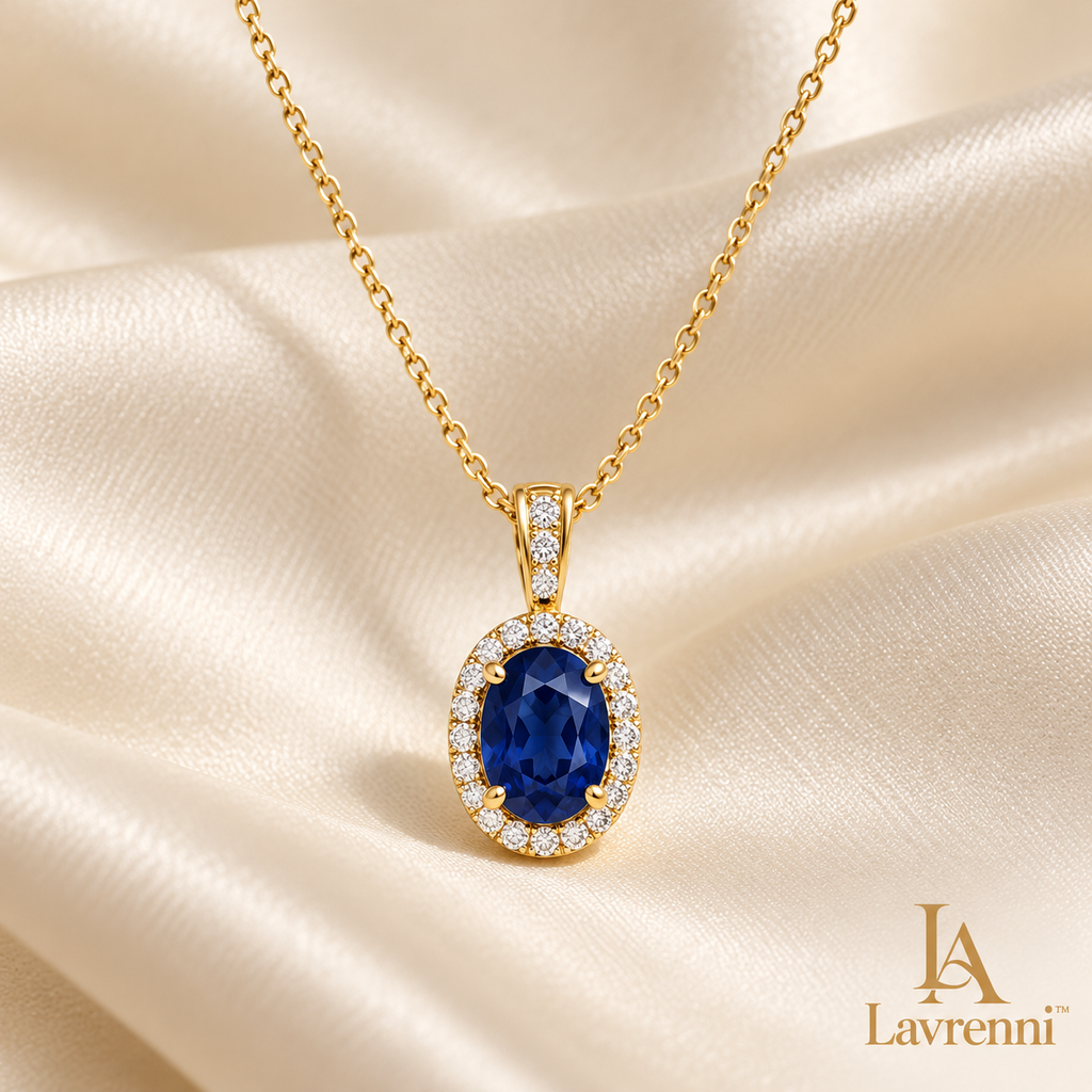 Lavrenni™ Blue Oval Halo Pendant Necklace