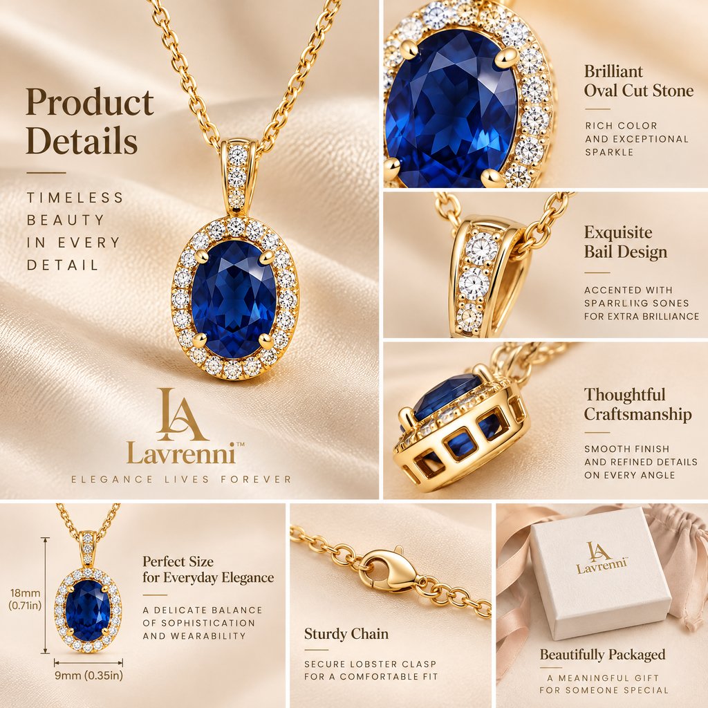 Lavrenni™ Blue Oval Halo Pendant Necklace
