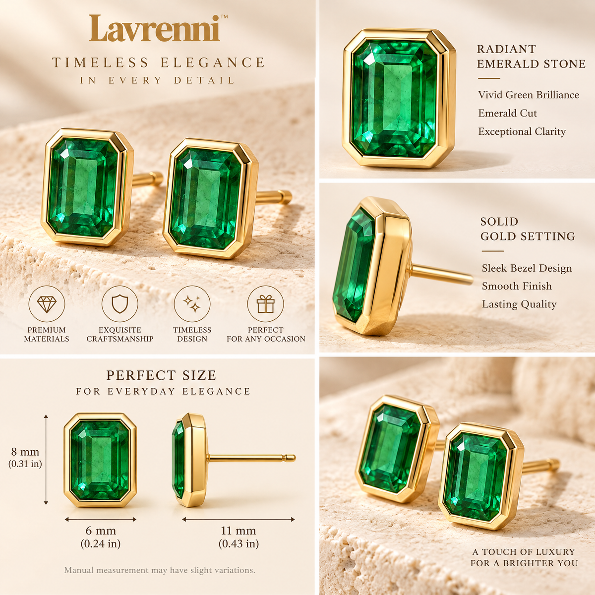 Lavrenni™ Emerald-Cut Green Stud Earrings