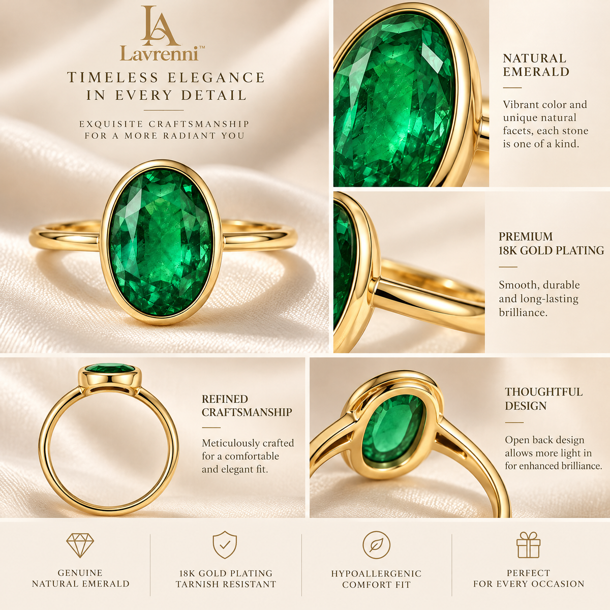 Lavrenni™ Oval Green Bezel Ring